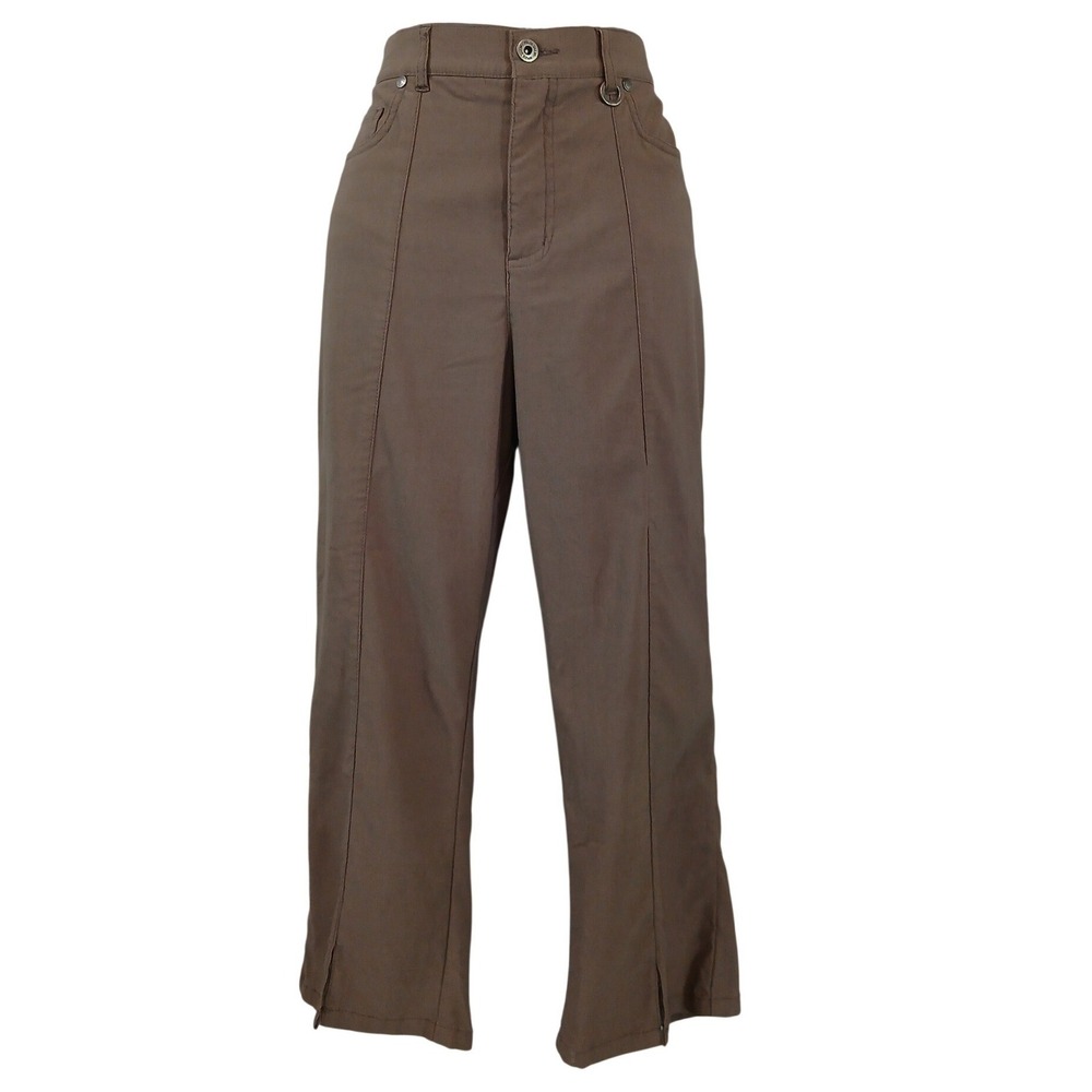 Simon Chang Denim Micro twill Brown Slit front  Capri Pants Front Seam  Sz 12‎